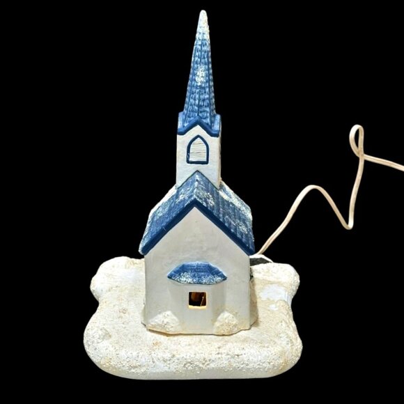 Vintage Christmas Village Snowy Church Chapel 2 Piece Lighted Blue White 11.5" - Picture 7 of 12